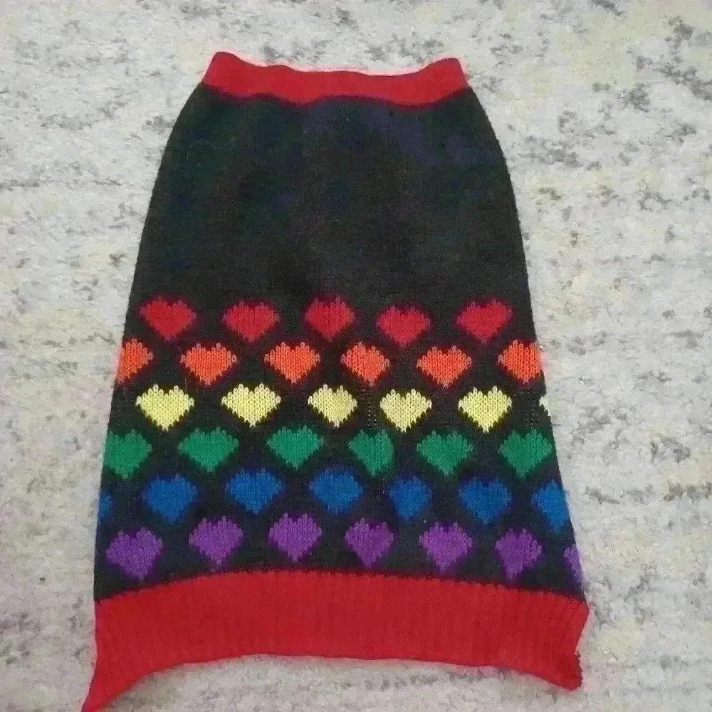 Cozy Knit Rainbow Heart Print Dog Sweater L